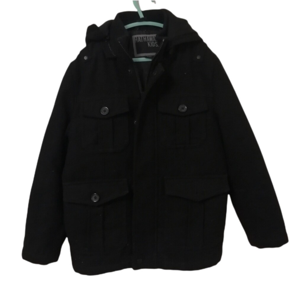 Hathaway Kids Black Wool-Look Hooded Peacoat Jacket Size 6